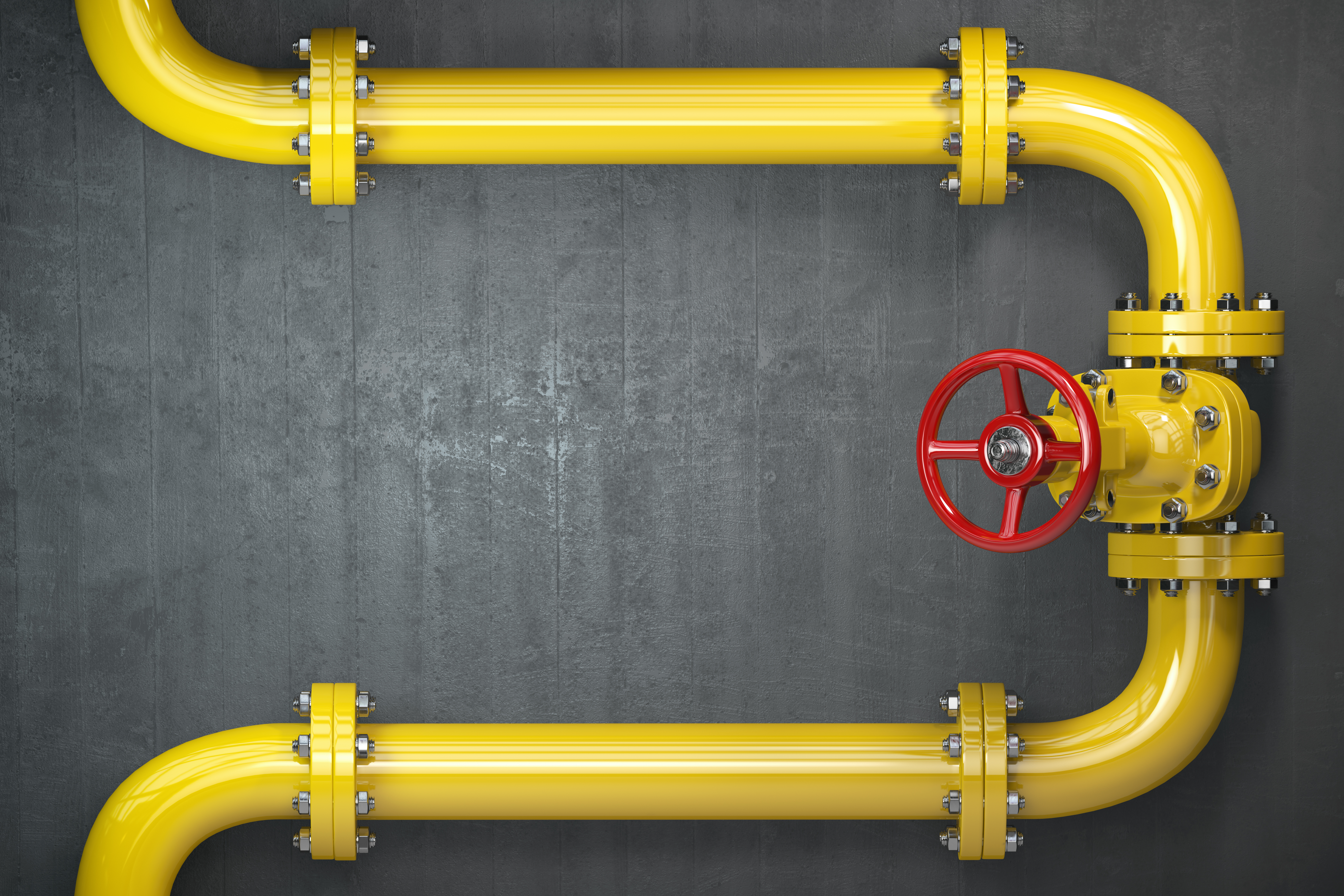 Gas pipeline valve on a wall. Space for text. Gas pressure control. 3d illustration